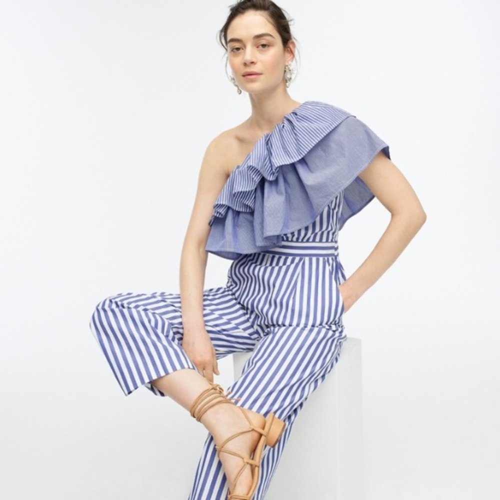 NWT J. Crew One-Shoulder Ruffle Jumpsuit in Mixed Stripe Blue White Size 6 NEW